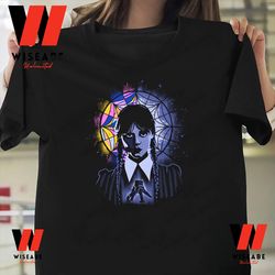 jenna ortega wednesday addams next to stained glasses crewneck t shirt, halloween gift for family