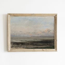 Antique Beach Painting with Cloudy Sky, Print of Seascape Oil Painting