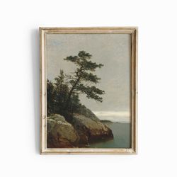 Pine Tree Rocky Shore Print, Antique Oil Landscape Painting, Vintage Coastal Wall Art, Beach House Wall Decor, Lake Hous