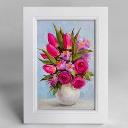Flower bouquet Oil Painting on canvas Framed Original Tulips and roses Home Decor Birthday Mother's day Gift