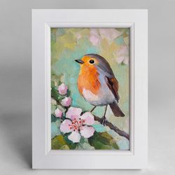 Little Robin Bird Oil Painting on canvas Framed Original Bird and Animals Home Decor Birthday Mother's day Gift