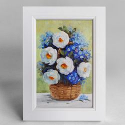 Flower bouquet Oil Painting on canvas Framed Original Rosehip and forget-me-nots Home Decor Birthday Mother's day Gift