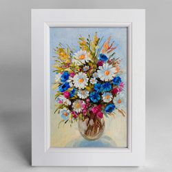 Wild Flowers bouquet Oil Painting on canvas Framed Original chamomile cornflower Home Decor Birthday Mother's day Gift