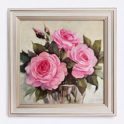 Flowers Roses Oil Painting on canvas Framed Original Floral Wall Decor