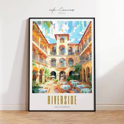 Riverside California Travel Poster Mission Inn Hotel Art Spanish Architecture Maximalist Decor Mid Century Modern Wall A