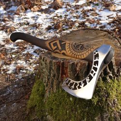 Helm of Awe Carved Axe,Forged steel axe with engraving,medieval Viking tomahawk,Runic Bearded axe Best gift Runic axe