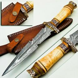 beautiful Handmade Damascus Steel Hunting Dagger Knife and Leather Sheath Set