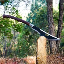 ancient handled axe with leather sheath, handmade bushcraft camping knife, functional sharpened 5160 carbon steel blade
