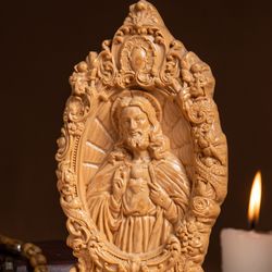 Sacred Heart of Jesus Religious Art, Catholic Statue Wooden Christian Religious Gift Jesus Loves You Catholic Decor Cath