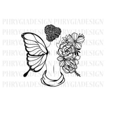 floral woman svg png , woman with flower svg , butterfly flower svg , girl butterfly fairy svg , floral butterfly svg ,