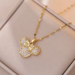 Disney Cartoon Bowknot Minnie Mouse Head Pendant Necklace for Women Girls Stainless Steel Chain Birthday Gifts for Frien