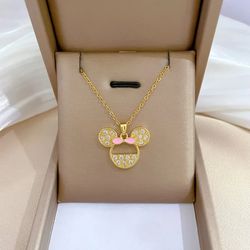 Stainless Steel Disney Cartoon Pink Bowknot Minnie Mouse Necklace for Women Girls Lovely Cute Accessories Cosplay Gifts