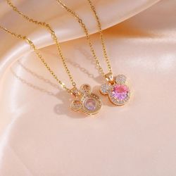 Stainless Steel Chain Disney Cute Mickey Mouse Head Necklaces for Women Girls Shiny Zircon Pendant Accessories Jewelry G