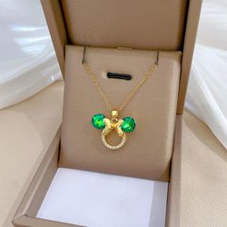 Disney Cartoon Stainless Steel Chain Green Zircon Minnie Mouse Necklace for Women Girs Elegant Cute Accessories Gifts fo