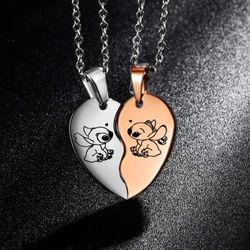 Disney Lilo & Stitch Necklace Stainless Steel Stitching Cute Character Stitch Heart Shape Pendant Necklace Couple Jewelr