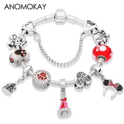 Potdemiel Dropshipping Hot Silver Color Mickey Minnie Charm Bracelet Bangle Red Crystal Bead Bracelet DIY Gift for Women