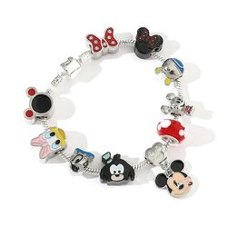 Disney Mickey Minnie Pendant Bead Bracelet Classic Design Red Crystal Silver Color Heart Charm Jewelry Bracelet Pulsera