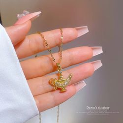 Stainless Steel Magic Lamp Crystal Necklace Trendy Jewelry Kids Cartoon Goid Pendant Vintage Long Chain Necklaces Women
