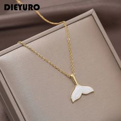 DIEYURO 316L Stainless Steel New White Shell Mermaid Tail Lucky Beautiful Pendant Necklace
