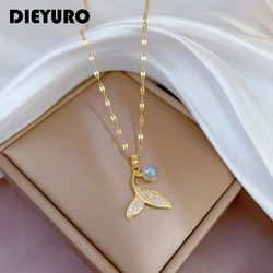 DIEYURO 316L Stainless Steel Mermaid Tail Pearl Pendant Necklace For Women Fashion Girls Charm Chain