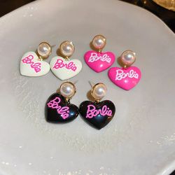 Cute Sweet Hot Pink Color Heart Pendant Earrings Barbie Jewelry For Woman Girls