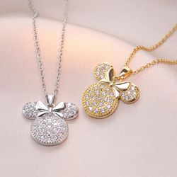 Disney Sweet Zircon Bowknot Minnie Mouse Pendant Necklaces for Women Girls Stainless Steel Chain Jewelry Accessories Gif