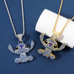 Lilo and Stitch Hip Hop Necklace Kawaii Stitch Full Rhinestones Pendant Necklace Fashion Jewelry Disney Anime Neck Chain