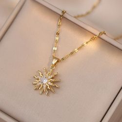 Rotating Flower Pendant Stainless Steel Chains Necklaces For Women Antique Gold Color White Zircon Sun Clavicle Necklace