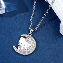 Anime Sanrio Hello Kitty Necklace Cartoon Figure Moon Kitty White Metal Badge Pendant Necklace Collar Kawaii Jewelry Acc