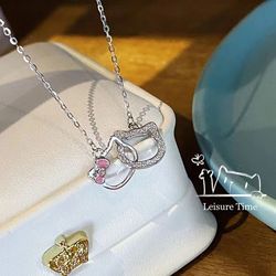 Sanrio Hello Kitty Necklace Pendant Kawaii Double Ring Clavicle Chain Girlfriend Charms Clasped Anime Chain Jewelry Gift