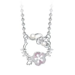 Kawaii Sanrio Necklace Hello Kitty Cute Cartoon Clavicle Chain Diamond Ring Pendant Sterling Silver Girl Sweet Birthday
