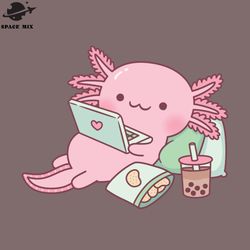 cute axolotl chilling with laptop and snacks png design