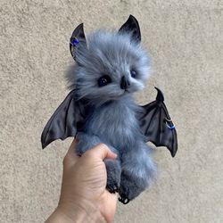 ON ORDER Bat Benya fur bat, gray bat, blue eyes, furry doll, soft doll, fur doll, stuffed toy, plush bat, soft bat