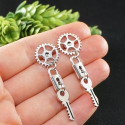 Steampunk Earrings Watch Gears Key and Lock Long Stud and Dangle Drop Statement Earrings Jewelry Accessories Gift 8370