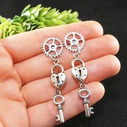 Steampunk Earrings Watch Gears Key and Lock Long Stud and Dangle Drop Statement Earrings Jewelry Accessories Gift 8371