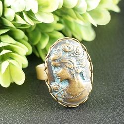 Lady Cameo Adjustable Ring Mint Sage Green Patina Vintage Brass Bronze Victorian Epoch Vintage Style Ring Jewelry 8335