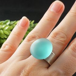 Light Aqua Blue Sea Glass Adjustable Ring Large Round Marine Nautical Statement Ring Jewelry Beach Ocean Lover Gift 8389