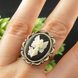 Angel Cameo Adjustable Ring Cherub Guardian Angel Ivory Black Antique Vintage Cameo Victorian Epoch Ring Jewelry 8388