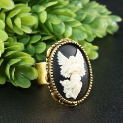Angel Cameo Adjustable Ring Cherub Guardian Angel Victorian Black Antique Vintage Cameo Gold Statement Ring Jewelry 7854