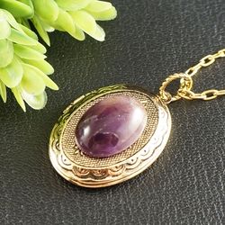 Amethyst Photo Locket Necklace Purple Lilac Stone Victorian Oval Golden Locket Keepsake Pendant Necklace Jewelry 8228