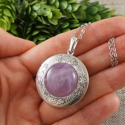 Amethyst Locket Necklace Purple Lilac Stone Round Silver Photo Locket Victorian Keepsake Pendant Necklace Jewelry 7591