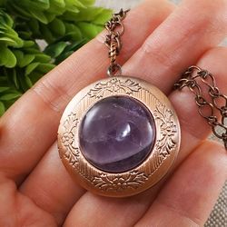 Amethyst Photo Locket Necklace Purple Lilac Stone Victorian Round Copper Locket Keepsake Pendant Necklace Jewelry 7386