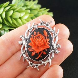 Red Rose Cameo Brooch Black & Red Flower Floral Vintage Antique Cameo Victorian Oval Silver Brooch Pin Jewelry Gift 8244