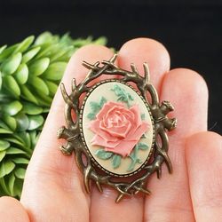 Coral Pink Rose Cameo Brooch Dusty Rose Flower Floral Vintage Antique Cameo Victorian Oval Brooch Pin Jewelry Gift 8240
