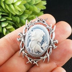 White Lady Cameo Brooch Pin Sky Blue Vintage Antique Victorian Epoch Girl Cameo Silver Oval Brooch Pin Jewelry Gift 8246