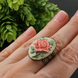 Coral Pink Rose Cameo Adjustable Ring Dusty Rose Flower Floral Vintage Antique Cameo Victorian Oval Ring Jewelry 7633