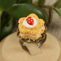 Strawberry Cake Tart Cookie Cute Tiny Kawaii Food Miniature Dessert Free Size Adjustable Ring Girl Jewelry Gift 6105