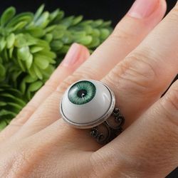 Green Human Eye Evil Eye Protection Amulet Large Round Statement Silver Filigree Free Size Adjustable Ring Jewelry 7873
