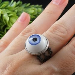 Blue Human Eye Evil Eye Protection Amulet Large Round Statement Silver Filigree Free Size Adjustable Ring Jewelry 7872