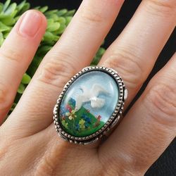 White Dove Bird Peace Sky Blue Green Floral Large Oval Silver Boho Statement Jewelry Ring Bird Lover Gift for Her 7876